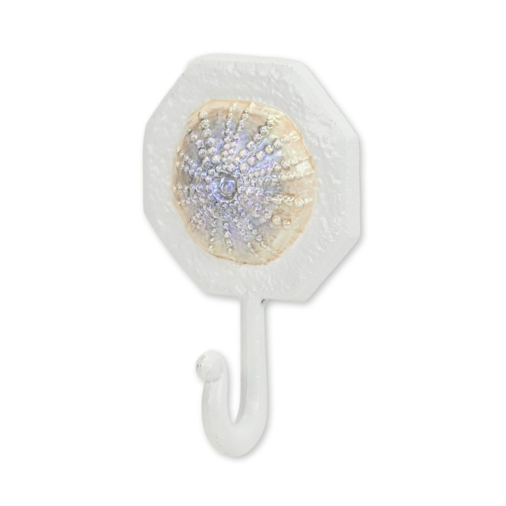 4" Pearl And White Cast Iron Sand Dollar Wall Hook. Coat hanger isolated on a plain white background, showing a white metal surface.