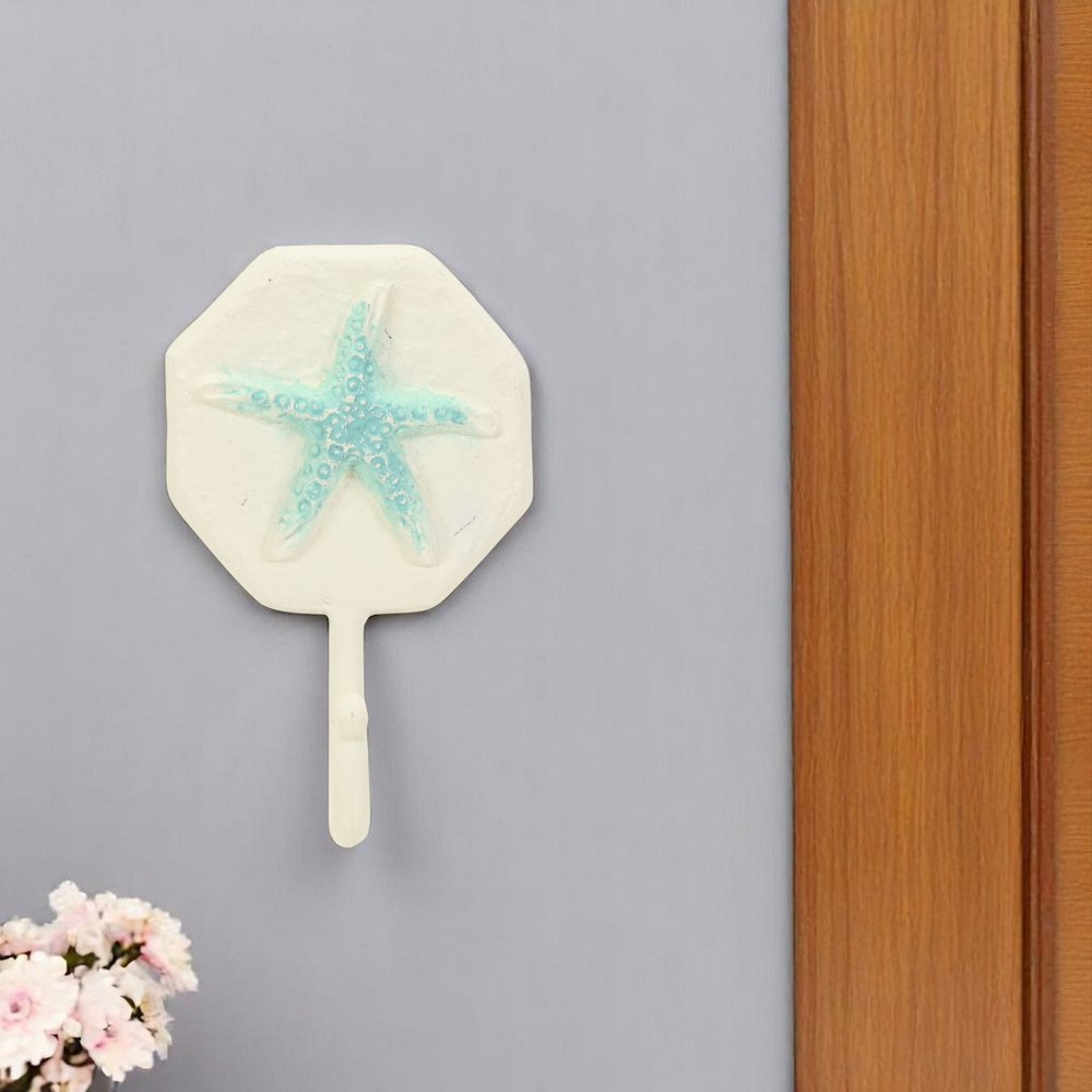 4" Aqua And Cream Cast Iron Starfish Wall Hook.