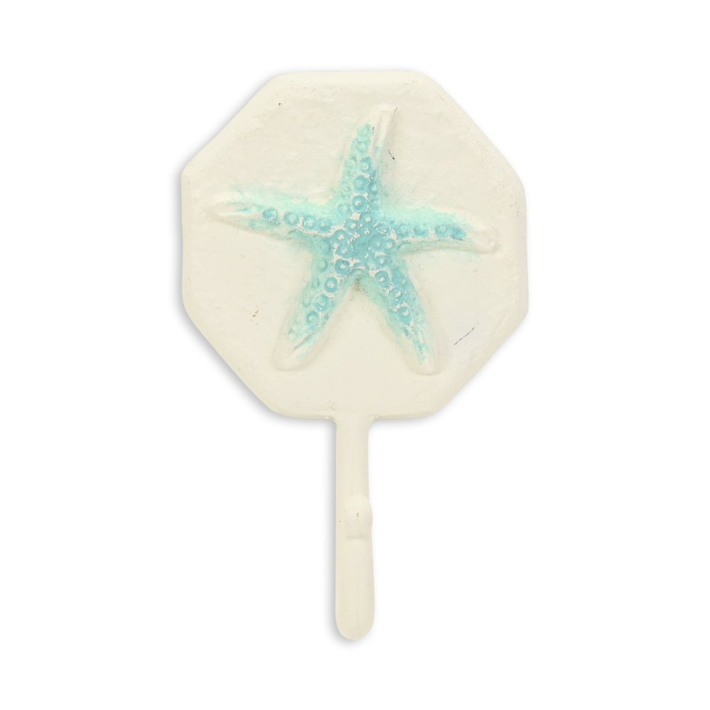 4" Aqua And Cream Cast Iron Starfish Wall Hook. Coat hanger isolated on a plain white background, showing a cream metal surface.