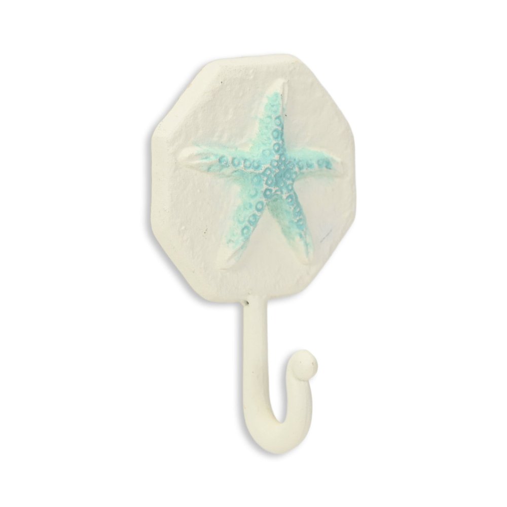 4" Aqua And Cream Cast Iron Starfish Wall Hook. Coat hanger isolated on a plain white background, in a cream metal finish.