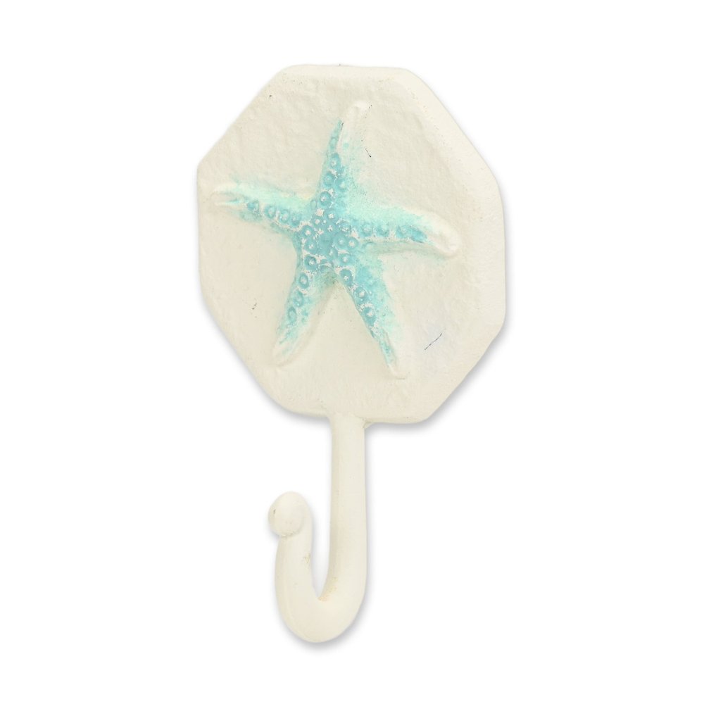 4" Aqua And Cream Cast Iron Starfish Wall Hook. Coat hanger isolated on a plain white background, finished in cream metal.