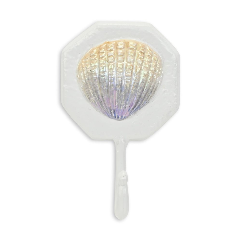 4" Cream And Pearl Cast Iron Seashell Wall Hook. Coat hanger isolated on a plain white background, in a cream metal finish.
