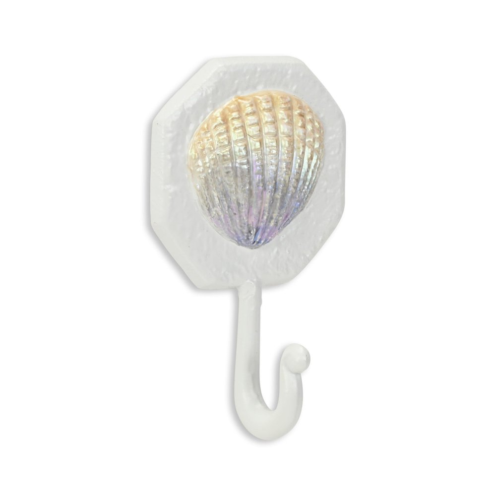 4" Cream And Pearl Cast Iron Seashell Wall Hook. Coat hanger isolated on a plain white background, finished in cream metal.