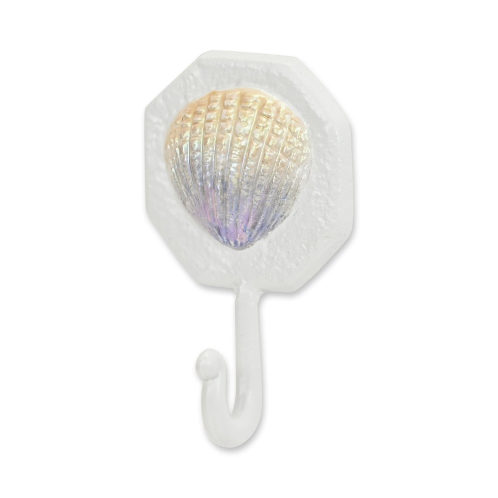 4" Cream And Pearl Cast Iron Seashell Wall Hook. Coat hanger isolated on a plain white background, showing a cream metal surface.