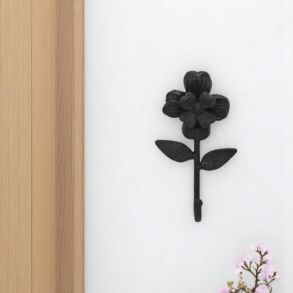 4" Black Cast Iron Flower Wall Hook. Coat hanger in black metal.