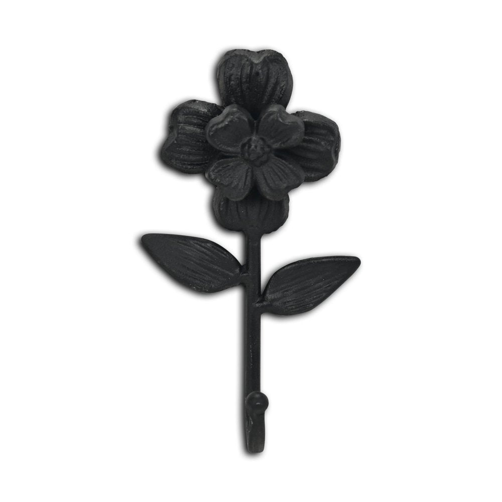 4" Black Cast Iron Flower Wall Hook. Coat hanger isolated on a plain white background, finished in black metal.