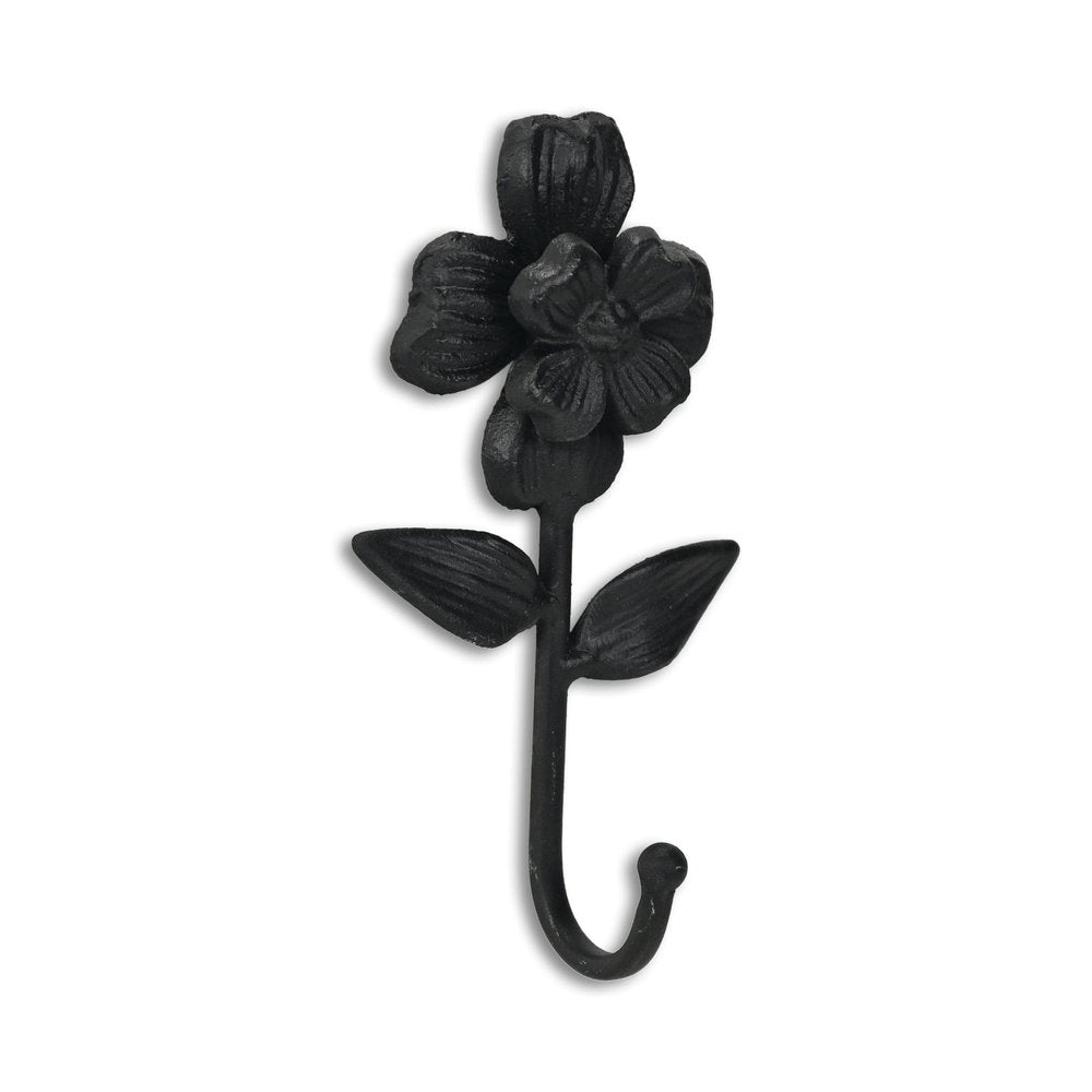 4" Black Cast Iron Flower Wall Hook. Coat hanger isolated on a plain white background, showing a black metal surface.