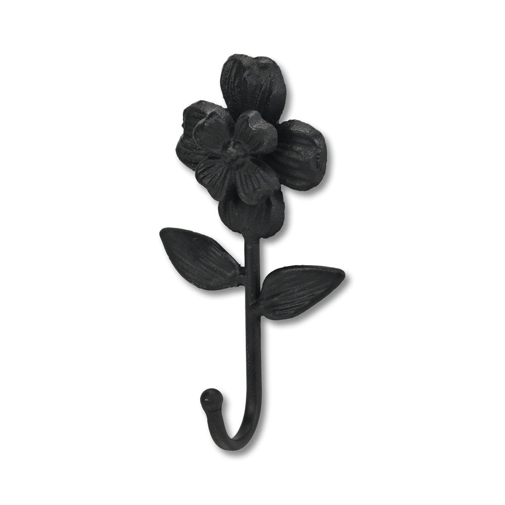 4" Black Cast Iron Flower Wall Hook. Coat hanger isolated on a plain white background, finished in black metal.