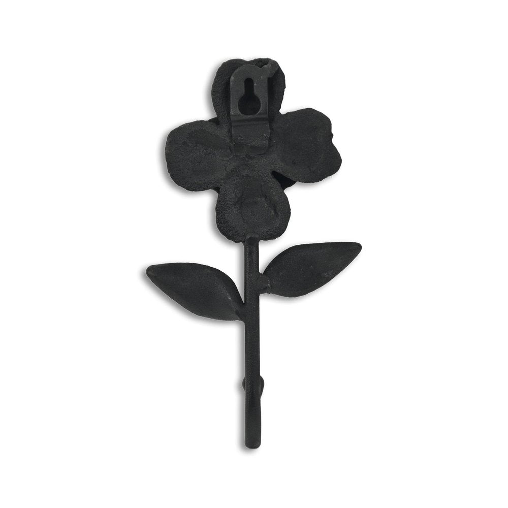 4" Black Cast Iron Flower Wall Hook. Coat hanger isolated on a plain white background, showing a black metal surface.