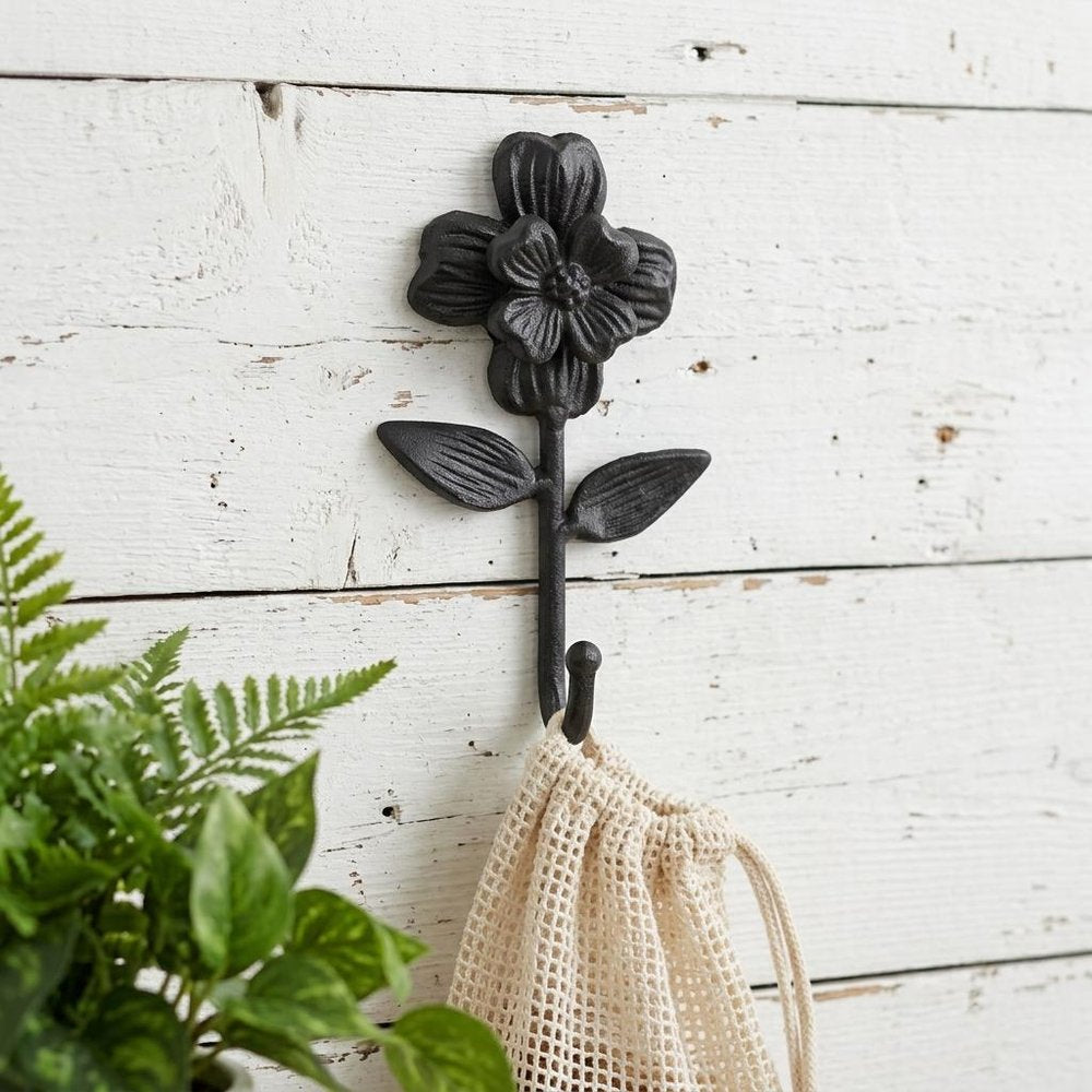 4" Black Cast Iron Flower Wall Hook.