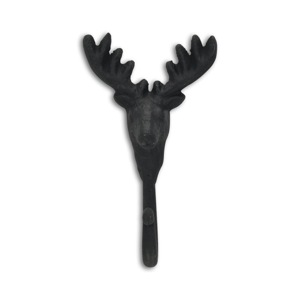 3" Black Cast Iron Deer Stag Wall Hook. Coat hanger isolated on a plain white background, in a black metal finish.