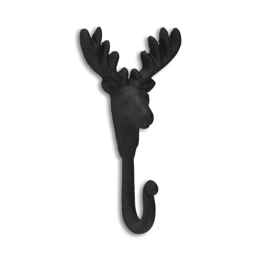 3" Black Cast Iron Deer Stag Wall Hook. Coat hanger isolated on a plain white background, finished in black metal.