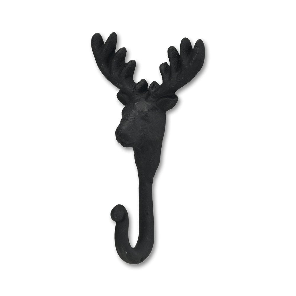 3" Black Cast Iron Deer Stag Wall Hook. Coat hanger isolated on a plain white background, in a black metal finish.
