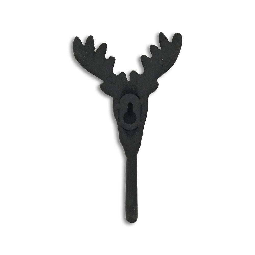 3" Black Cast Iron Deer Stag Wall Hook. Coat hanger isolated on a plain white background, finished in black metal.