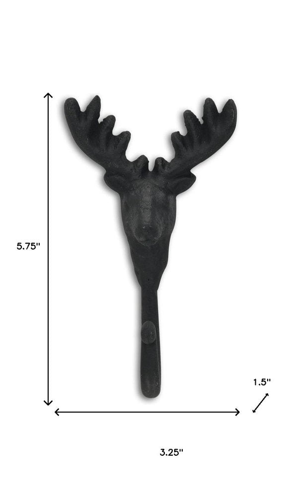 3" Black Cast Iron Deer Stag Wall Hook. Coat hanger isolated on a plain white background, showing a black metal surface.