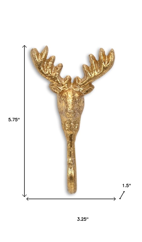 3" Gold Cast Iron Deer Stag Wall Hook. Coat hanger isolated on a plain white background, showing a gold metal surface.