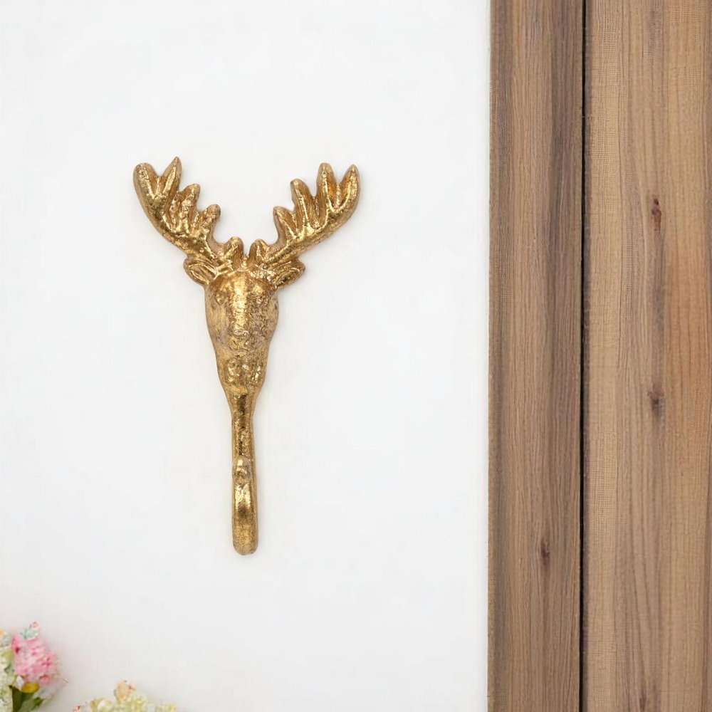 3" Gold Cast Iron Deer Stag Wall Hook. Coat hanger in gold metal.