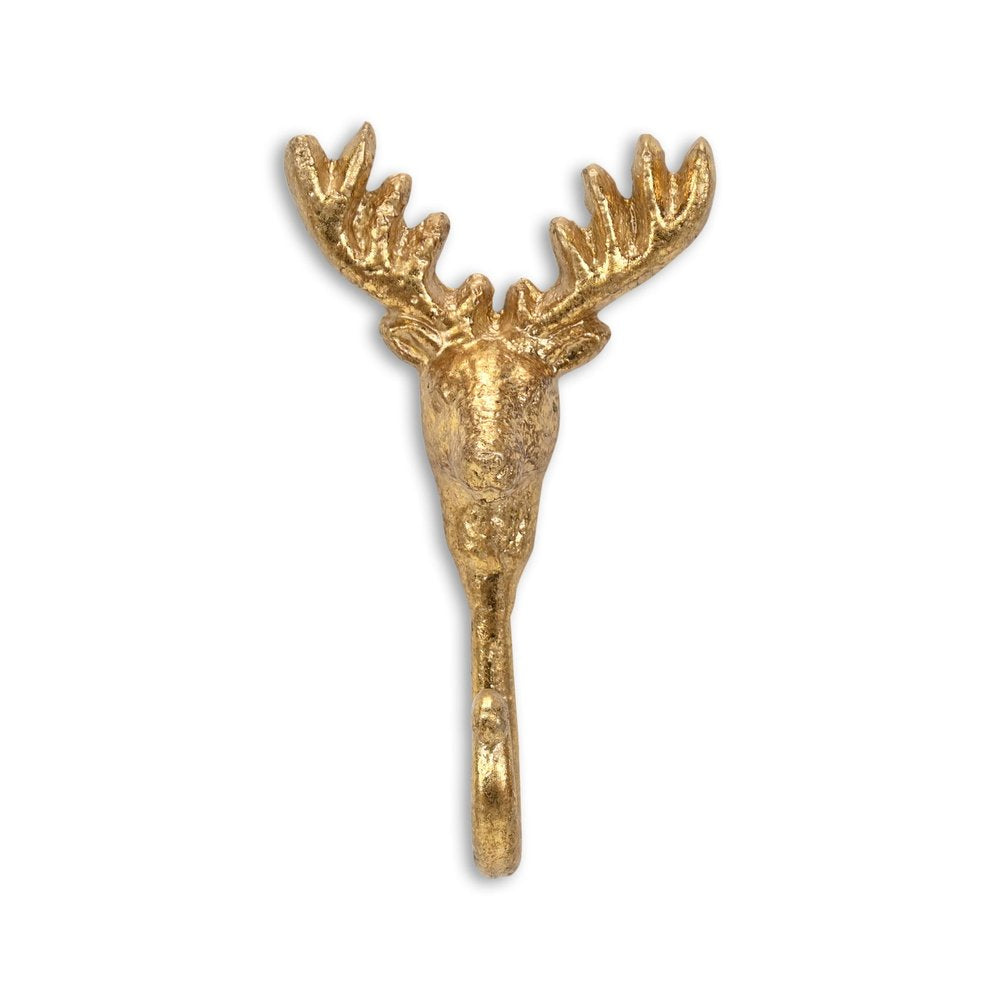 3" Gold Cast Iron Deer Stag Wall Hook. Coat hanger isolated on a plain white background, in a gold metal finish.