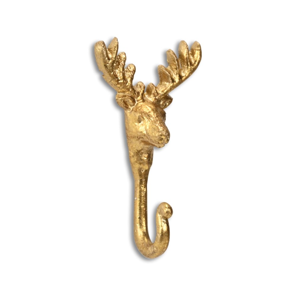 3" Gold Cast Iron Deer Stag Wall Hook. Coat hanger isolated on a plain white background, showing a gold metal surface.