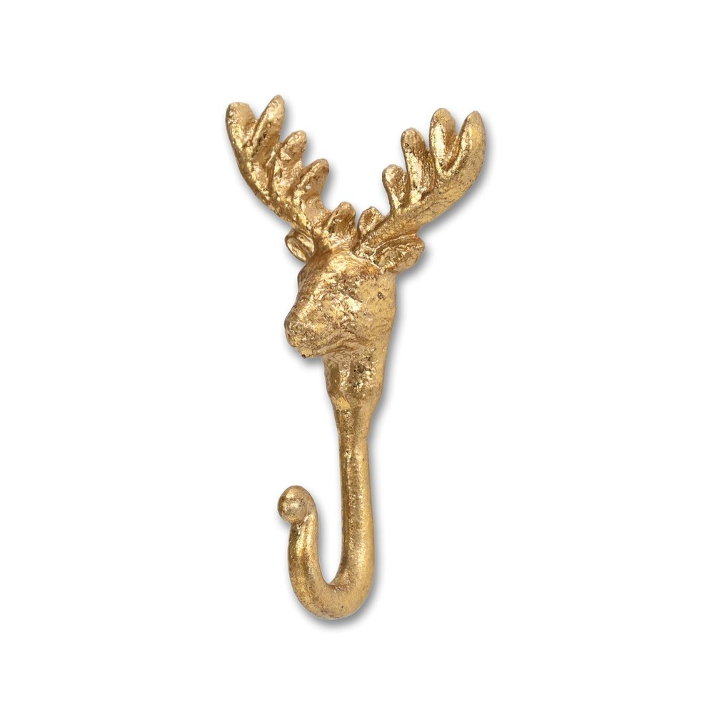 3" Gold Cast Iron Deer Stag Wall Hook. Coat hanger isolated on a plain white background, in a gold metal finish.