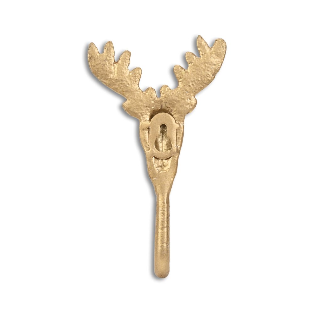 3" Gold Cast Iron Deer Stag Wall Hook. Coat hanger isolated on a plain white background, finished in gold metal.