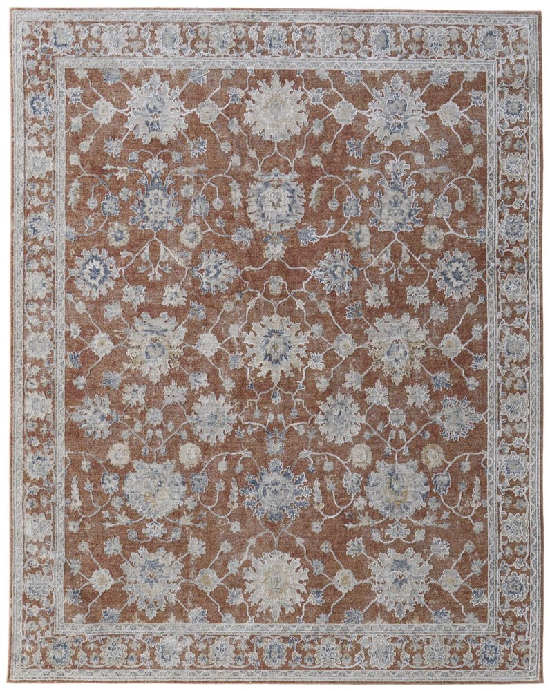 9' X 13' Red Ivory And Blue Floral Distressed Area Rug With Fringe