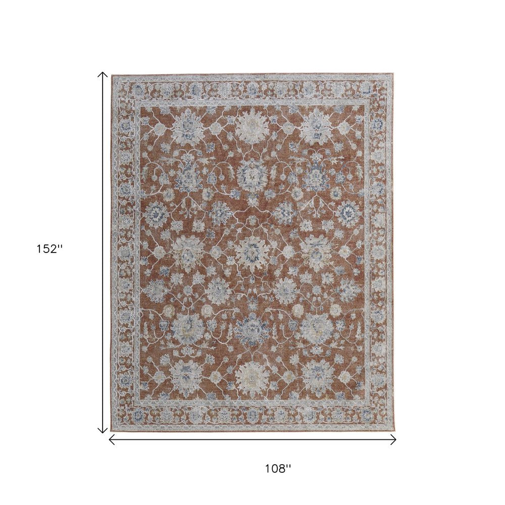 9' X 13' Red Ivory And Blue Floral Distressed Area Rug With Fringe