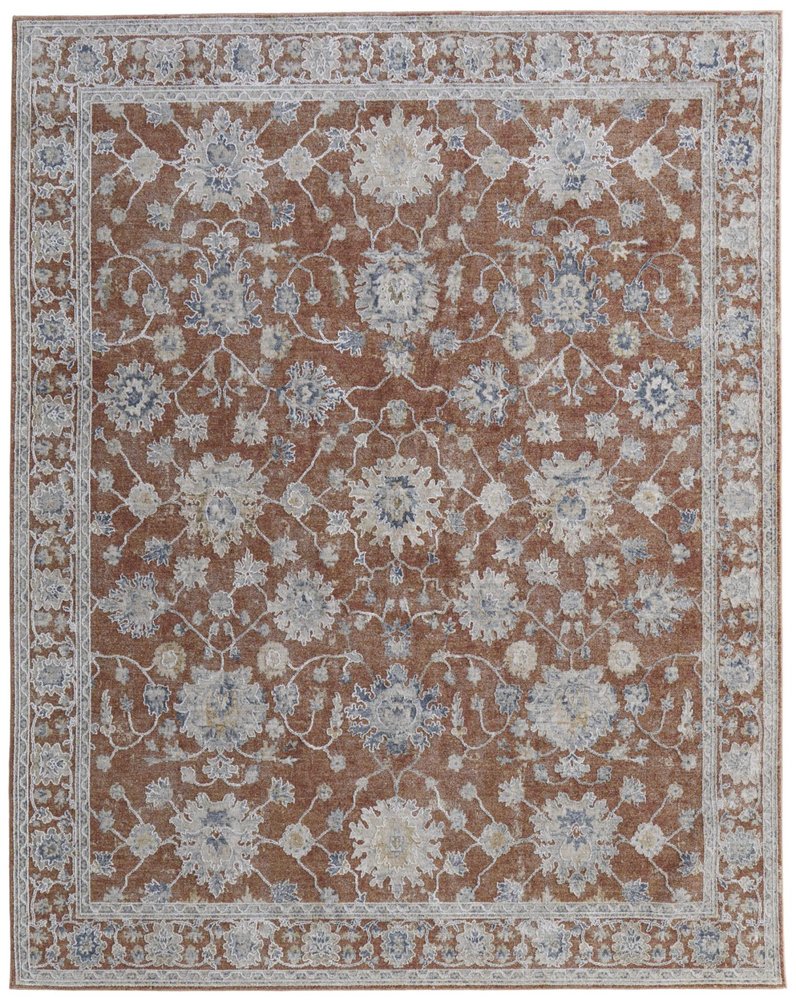 9' X 13' Red Ivory And Blue Floral Distressed Area Rug With Fringe