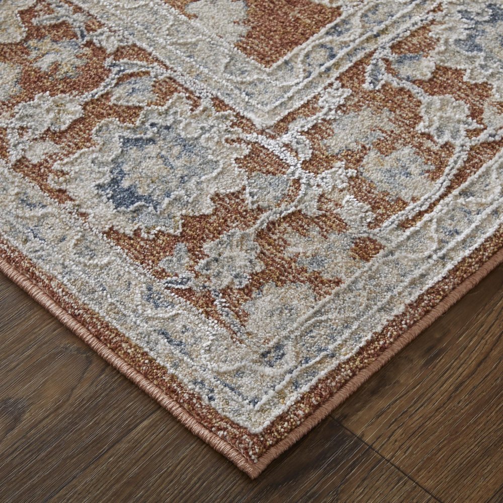 9' X 13' Red Ivory And Blue Floral Distressed Area Rug With Fringe
