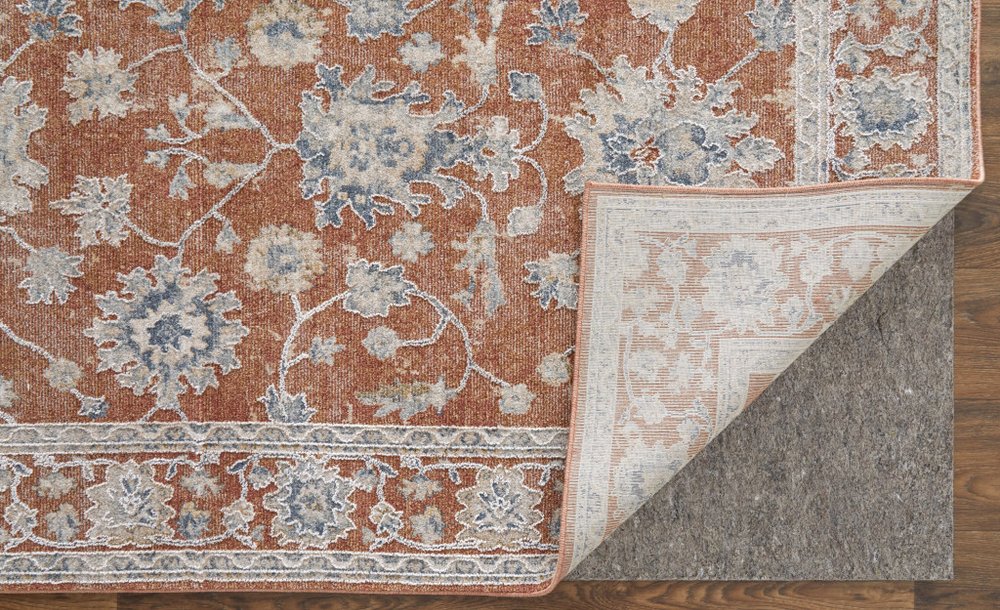 9' X 13' Red Ivory And Blue Floral Distressed Area Rug With Fringe
