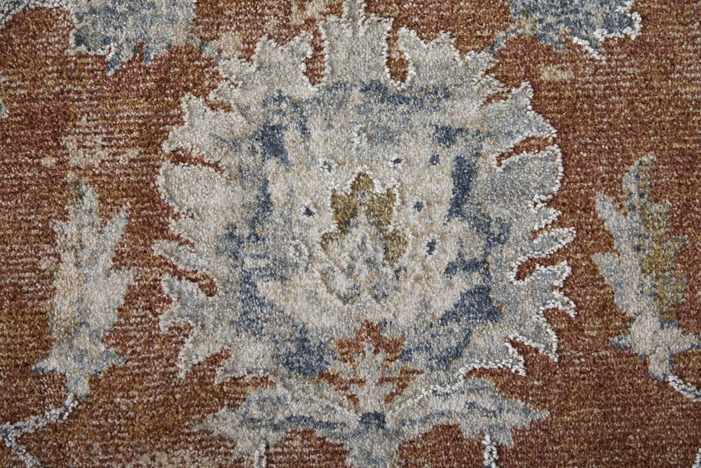 9' X 13' Red Ivory And Blue Floral Distressed Area Rug With Fringe