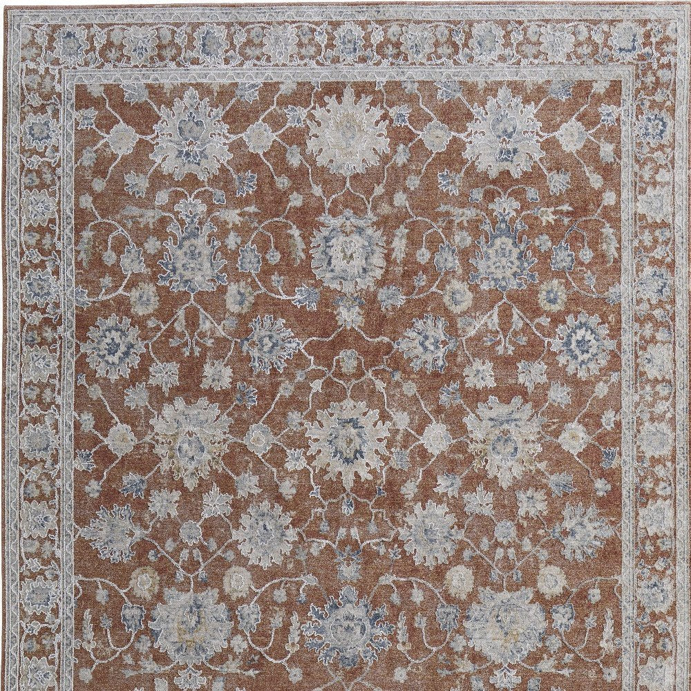 9' X 13' Red Ivory And Blue Floral Distressed Area Rug With Fringe