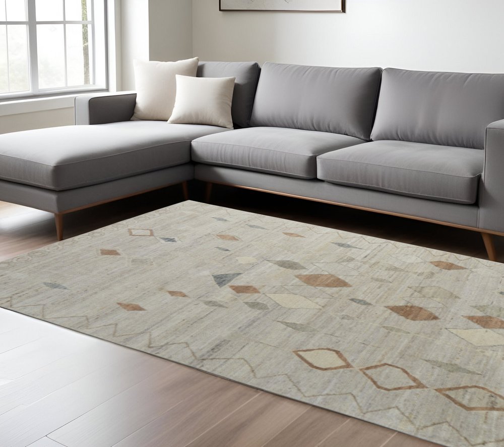 9' X 13' Tan Brown And Gray Moroccan Hand Knotted Area Rug close-up detail