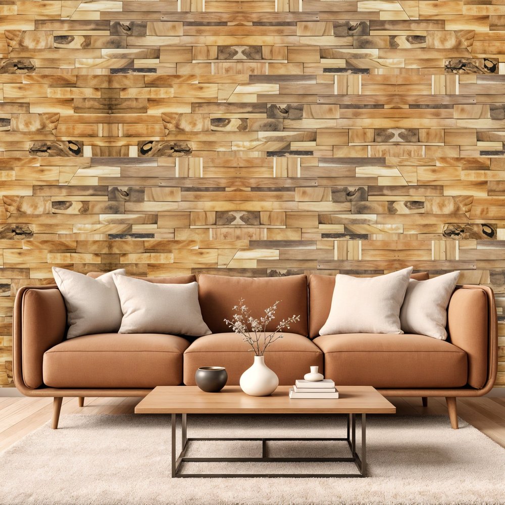 Brown 3D Embossed Abstract Teak Reclaimed Wood Decorative Wall Panels - with Four Individual Pieces