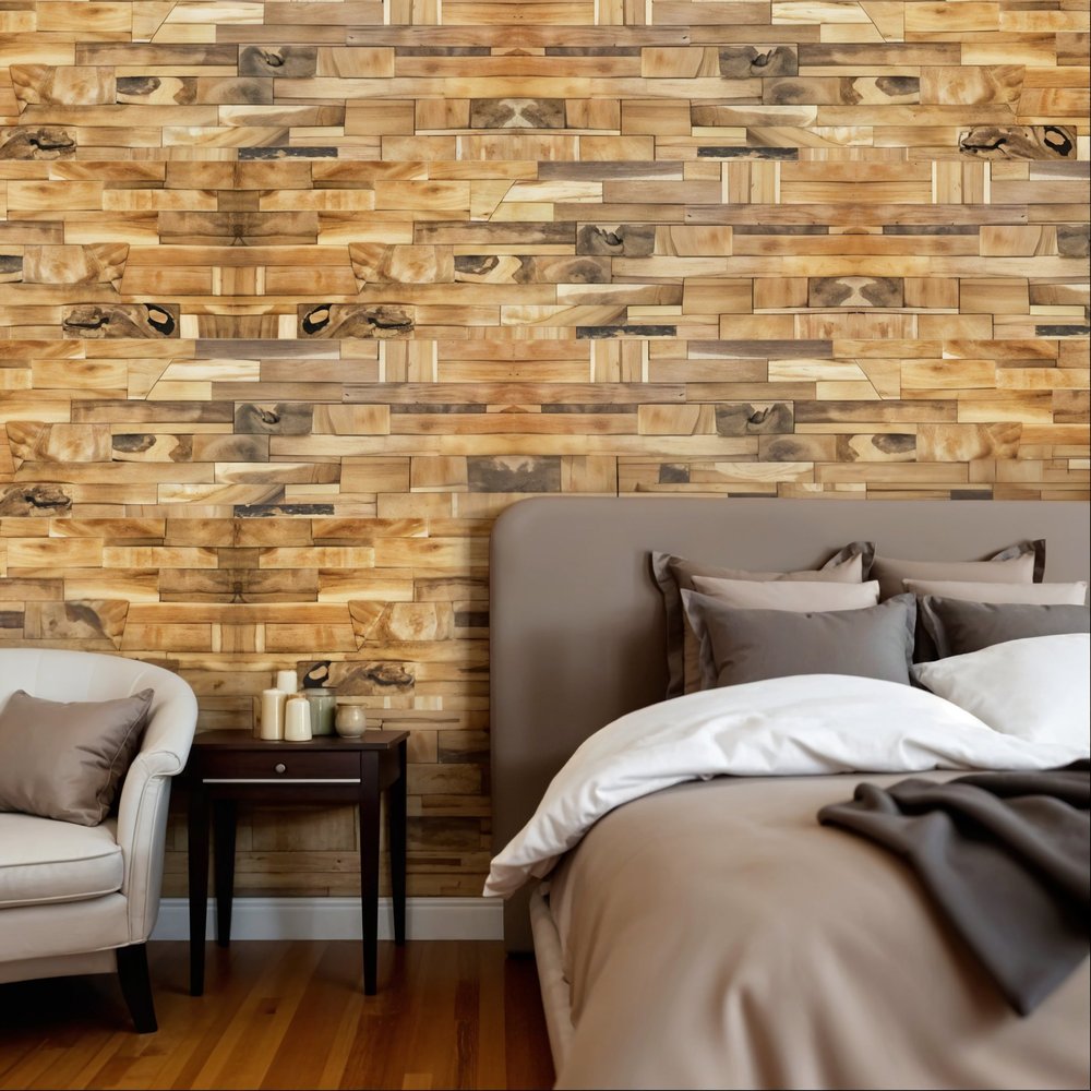 Brown 3D Embossed Abstract Teak Reclaimed Wood Decorative Wall Panels - with Four Individual Pieces