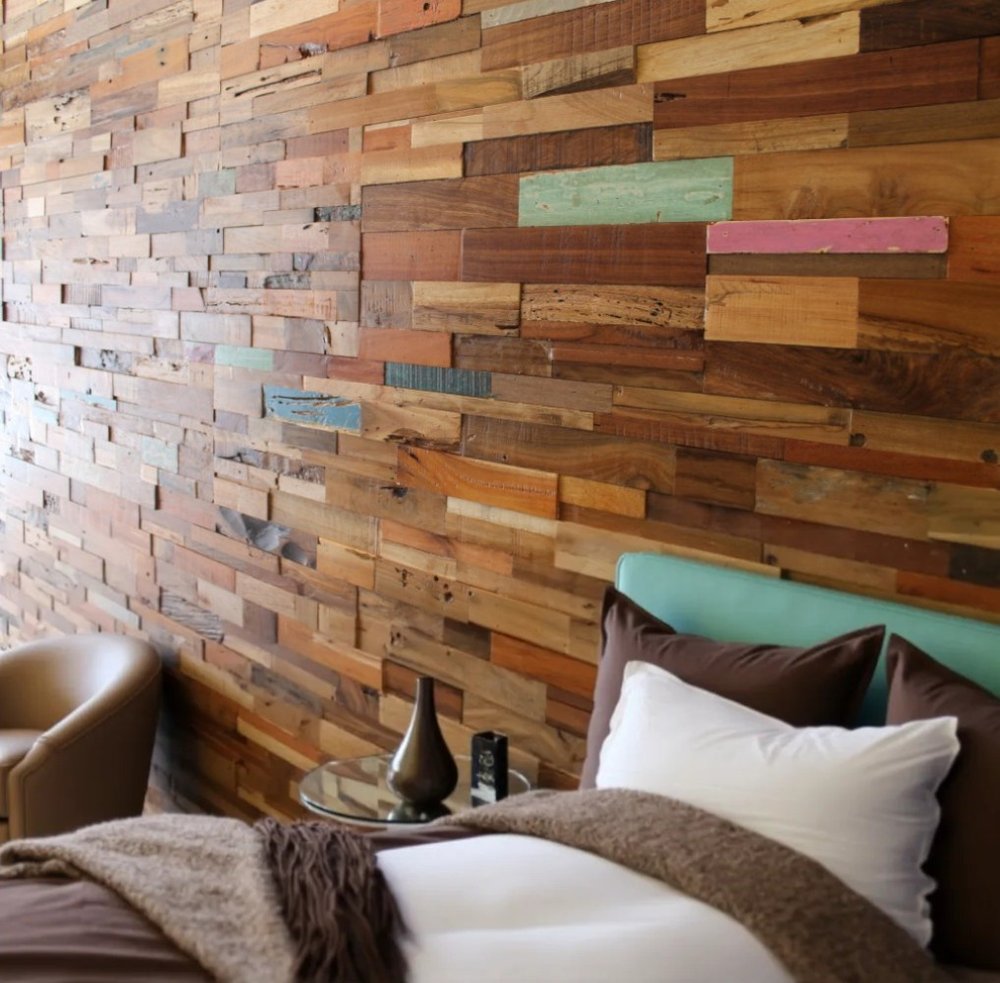 Blue Natural And Navy Blue 3D Embossed Teak Decorative Wall Panel in a home interior