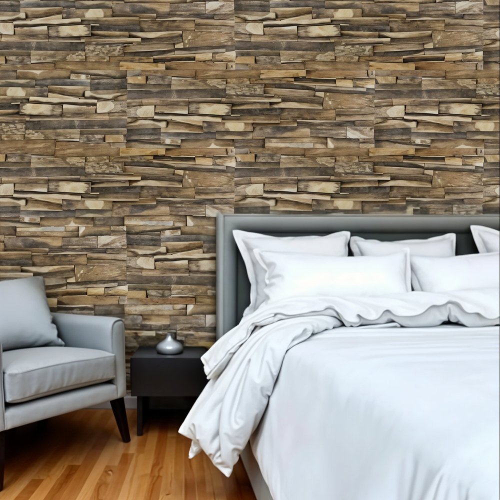 Brown 3D Embossed Geometric Teak Reclaimed Wood Decorative Wall Panels in a home interior