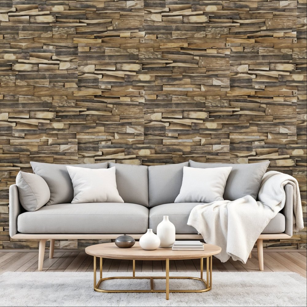 Brown 3D Embossed Geometric Teak Reclaimed Wood Decorative Wall Panels in a home interior