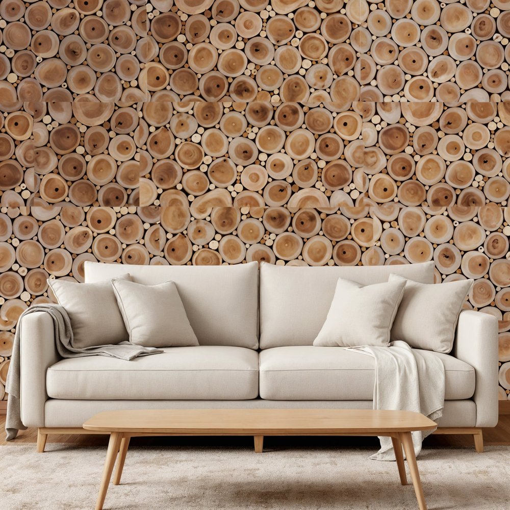 Natural Tree Stump Slice Teak Reclaimed Wood Decorative Wall Panels in a home interior