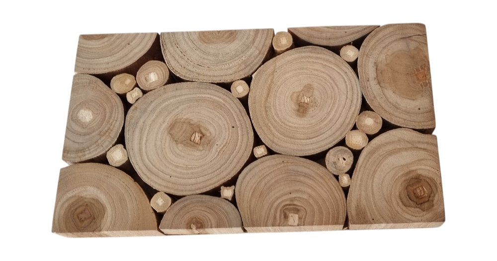 Natural Tree Stump Slice Teak Reclaimed Wood Decorative Wall Panels on a white background
