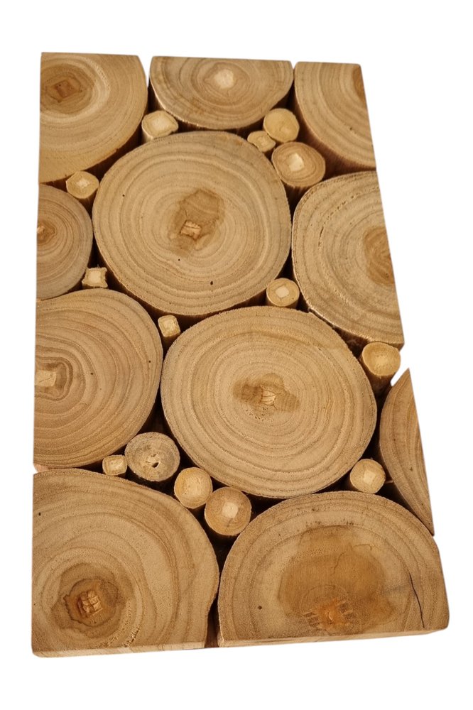 Natural Tree Stump Slice Teak Reclaimed Wood Decorative Wall Panels on a white background