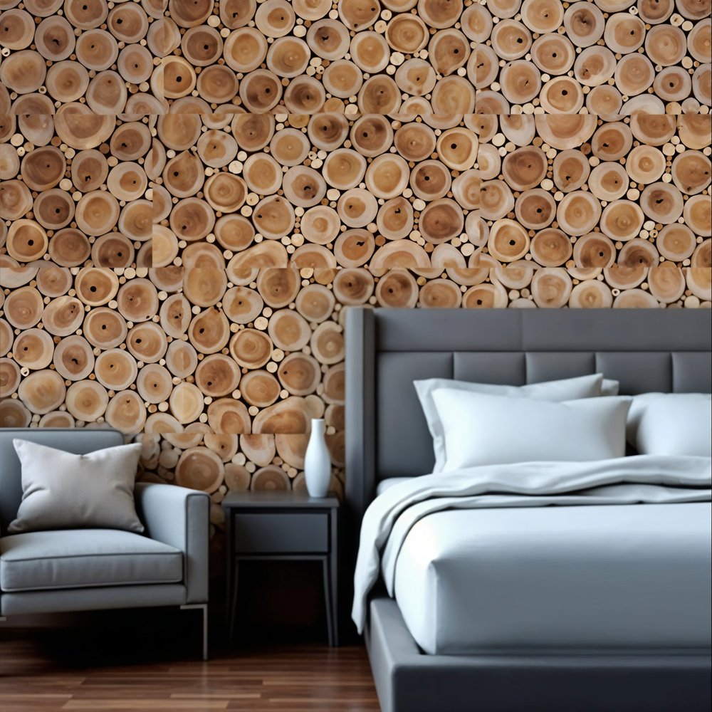 Natural Tree Stump Slice Teak Reclaimed Wood Decorative Wall Panels in a home interior