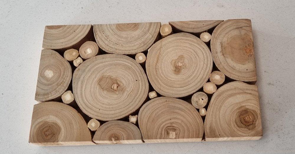 Natural Tree Stump Slice Teak Reclaimed Wood Decorative Wall Panels on a white background