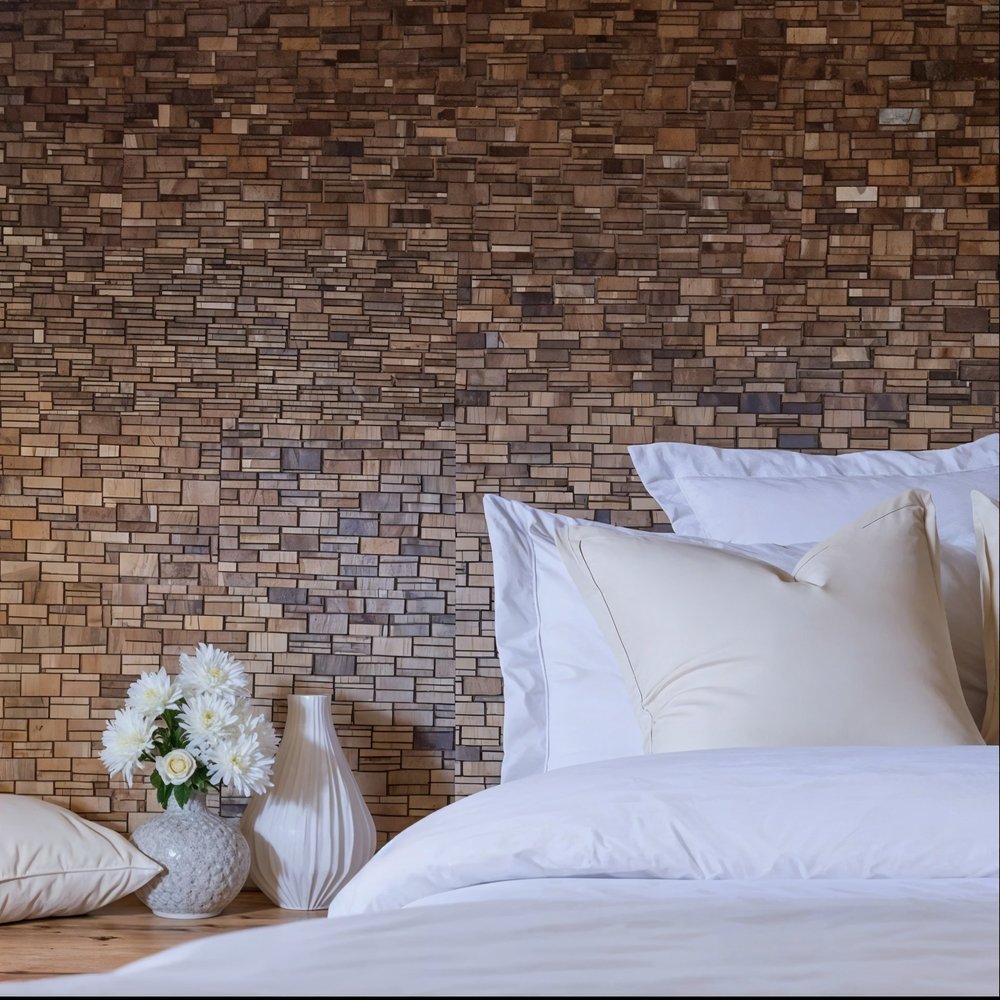 Brown 3D Embossed Abstract Teak Reclaimed Wood Decorative Wall Panels in a home interior