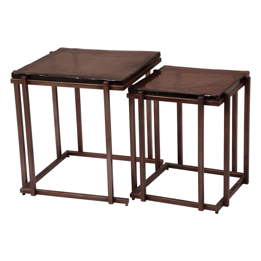 Set of Two Bronze Glass and Iron Square Frame Nested Tables