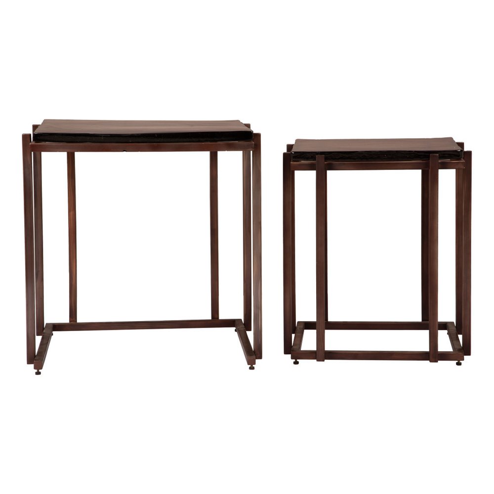 Set of Two Bronze Glass and Iron Square Frame Nested Tables on a white background