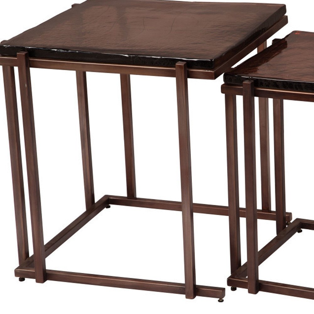 Set of Two Bronze Glass and Iron Square Frame Nested Tables