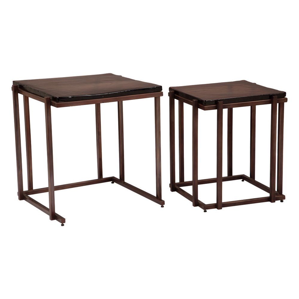 Set of Two Bronze Glass and Iron Square Frame Nested Tables