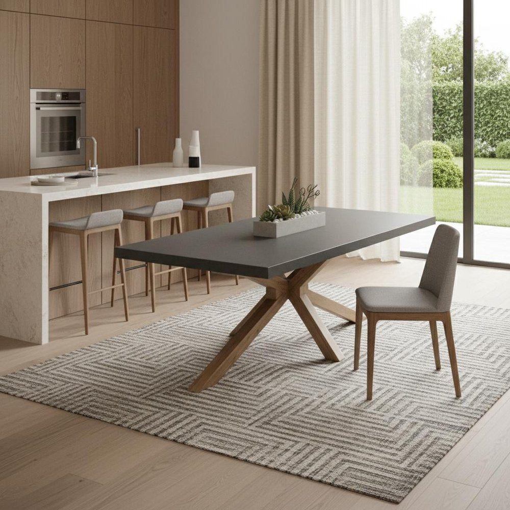 95" Gray and Natural Faux Concrete and Solid Wood Cross Leg Base Dining Table