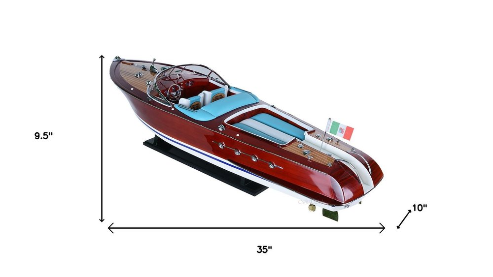 10" Unfinished Wood Hand Painted Model Boat. Home product isolated on a plain white background, finished in burgundy wood.